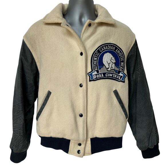 Vintage Dual Control Bomber Jacket Cream Blue Polar Bear Coat Womens Size Medium - Picture 1 of 14